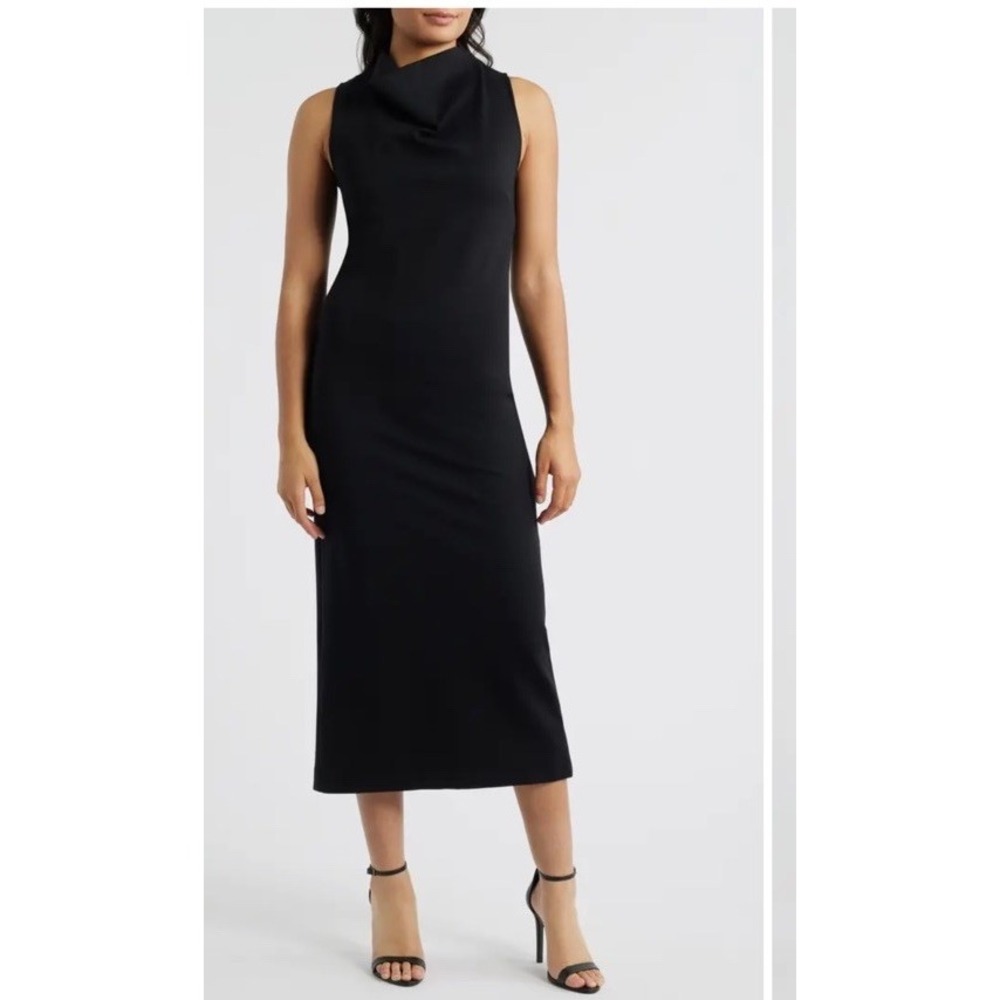 Spanx Perfect Sheath Dress Black Cowl Neck Ponte Sleeveless Midi 21996R XS NEW